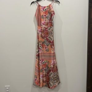 Lulus whirlwind coral pink multi scarf print satin maxi dress